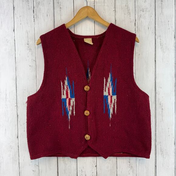 VTG Molina Red Wool Chimayo Handwoven Button Vest Mexico Navajo Size XL Unisex - Picture 1 of 16